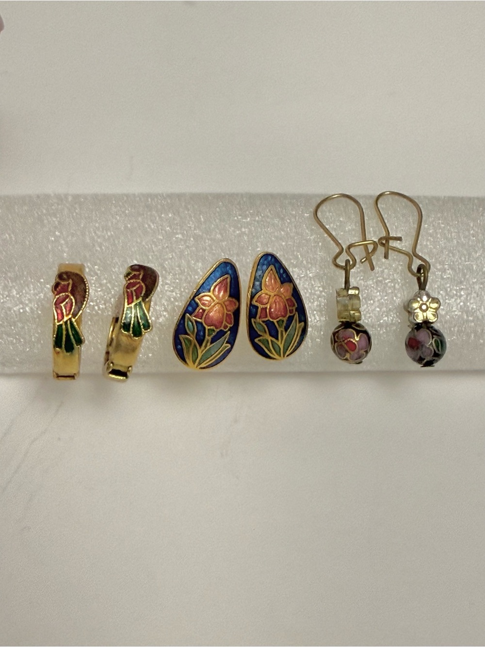 Vintage Cloisonne Enamel Earrings Lot 3 Pairs Floral Bird Gold Tone